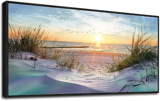 Black Wood Framed Canvas Wall Art - Large Size Ocean Beach Seascape Wall Pictures - Sunny Sea Theme - 24" X 48" - For Living Room, Bedroom & Office Decor