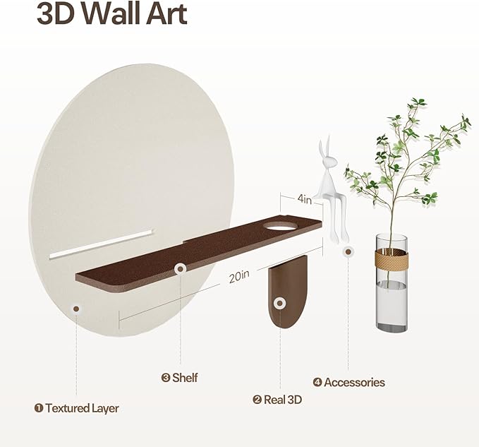 3D Textured Neutral Abstract Wall Art with Vase, Modern Minimalist Round Paintings Artwork for Walls, Boho Cream Geometric Wall Decor for Living Room, Hallway, Dining Room, Bedroom, Office, 24x31 Inch