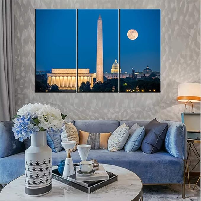 Lincoln Memorial, Washington Monument and Capitol Building in Washington DC, USA Print On Canvas Wall Artwork Modern Photography Home Decor Unique Pattern Stretched and Framed - 28‘’x14‘’x3 panels