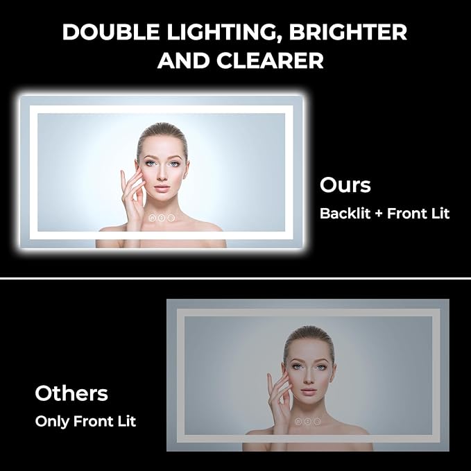 60x40 Inch LED Bathroom Mirror with Lights Front and Backlit Lighted Vanity Mirror for Bathroom Wall with 3 Colors Dimmable Anti-Fog Memory Shatter-Proof IP54 Waterproof Horizontal/Vertical