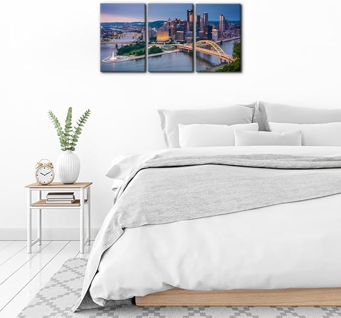 Pacimo Canvas Wall Decor for Living Room Bedroom Office Pittsburgh Cityscape Wall Art for Decorations Mount Washington Canvas Wall Prints City Skyline Picture for Home Decor Framed - 16"x24"x3 Panels