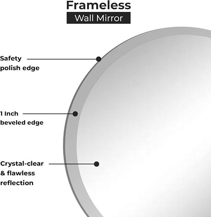 Large Round Mirror Frameless 1" Inch Beveled Wall Mounted Mirror with Safety Backing | Silver Backed Round Glass Mirror for Vanity, Entryways, Bathroom, Living Rooms with Hooks