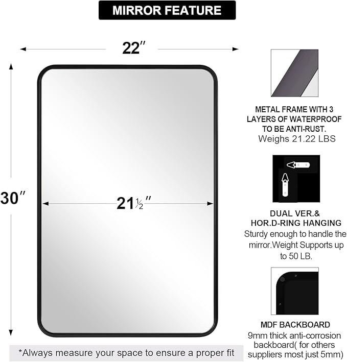 ANDY STAR Black Bathroom Mirrors for Wall, 22X30 Inch Rounded Rectangle Mirror, Matte Black Bathroom Vanity Mirror, Tube Metal Framed Wall-Mounted Mirror Horizontally or Vertically