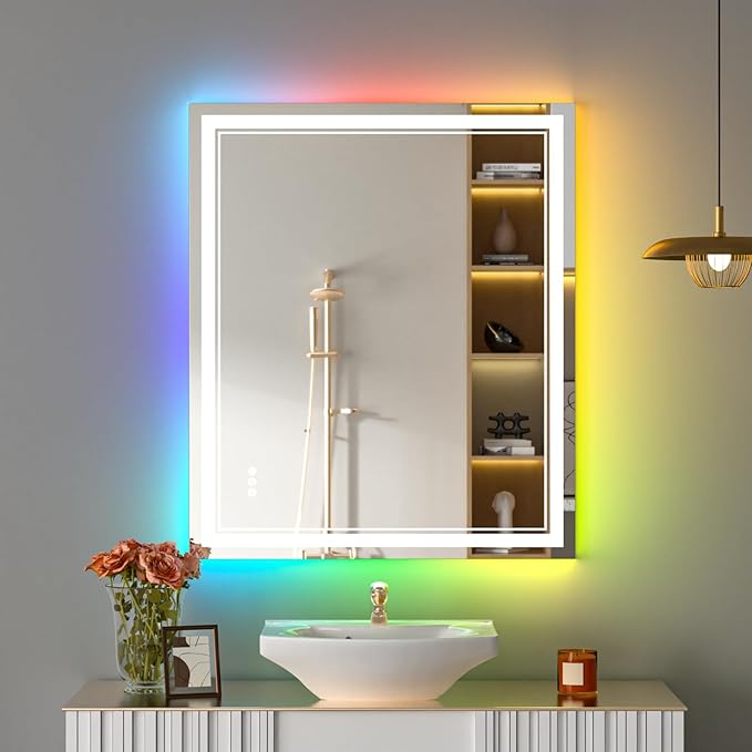 30x36 Inch RGB LED Bathroom Mirror with Lights, Color Changing RGB Backlit LED Mirror for Bathroom,Lighted Vanity Mirrors for Bathroom Wall, Dimmable, Anti-Fog (RGB Backlit+Front-Lit)