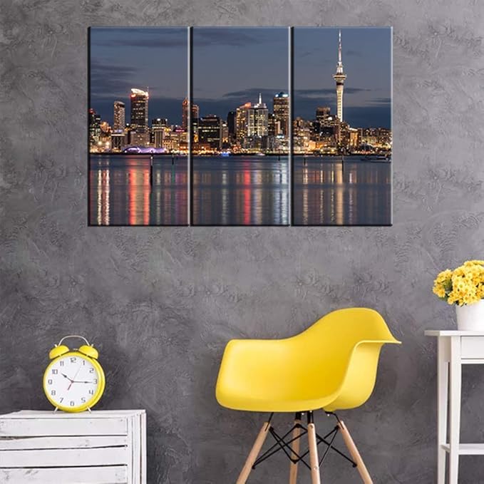 Black and White Auckland City Wall Art Tower Cityscape Picture Photo Canvas Print Art with Wood Frame,Modern Home Office Wall Decoration Giclee Print Framed Art Ready to Hang - 24‘’x12‘’x3 panels