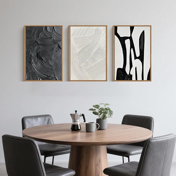 Black and White Abstract Framed Canvas Wall Art Set, Modern Textured Brushstroke Wall Decor,Neutral Minimalist Line Art Print for Living Room,Bedroom,Dining Room, Office-16 x24 x3