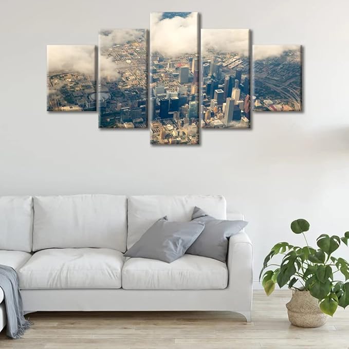 5 Pieces City Skyline Pictures Canvas Wall Art Houston Texas Cityscape Wall Decor for Living Room Aerial View of Houston Texas City Scene Modern Artwork Print on Canvas Ready to Hang (60"Wx32"H)