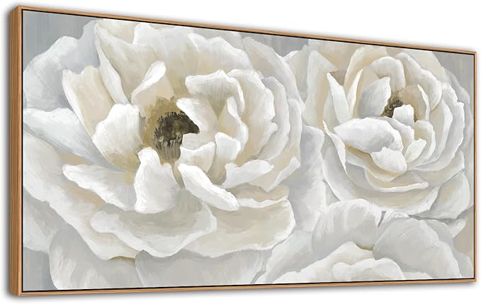 arteWOODS Cream White Flowers Framed Wall Art - Soft Peony Pictures for Wall Decor Elegant Blossom Flower Painting Artwork Botanical Prints for Living Room Home Office Wall Decoration 24" x 48"