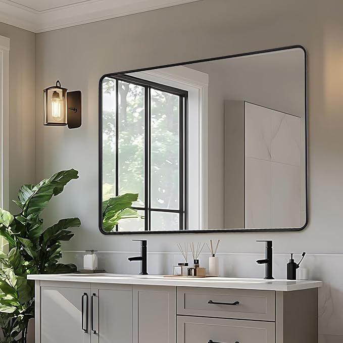 ANDY STAR 48X36 Inch Black Bathroom Mirror, Matte Black Vanity Mirrors for Wall, Rounded Rectangle Mirror for Bathroom, Seamless Tube Metal Frame, 1’’ Deep Wall Mounted Vertical/Horizontal