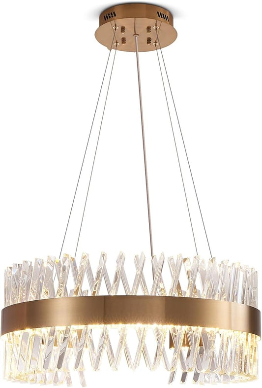 24" Modern Gold Crystal Chandeliers, Round Flush Mount Brass Crystal Lamp for Dining Room Living Room Kitchen Foyer K9 Clear Crystals,60W Led Dimmable 3000K