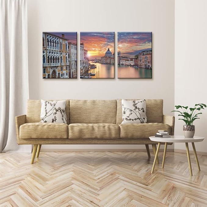 Pacimo 3 Piece Canvas Wall Art - Venice Framed Wall Art Decor Grand Canal in Venice Pictures Painting on Canvas Modern Art Home Decoration Stretched and Framed Ready to Hang - 12 x 16 inch x 3 Panels