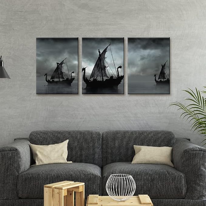 Pacimo Black and White Painting Wall Decor Vikings Ship Artwork Fantasy Sailing Boat Pictures for Living Room 3 Panel Dragon Modern Canvas Wall Art Framed Posters Prints Ready to Hang - 12" x 16" x 3