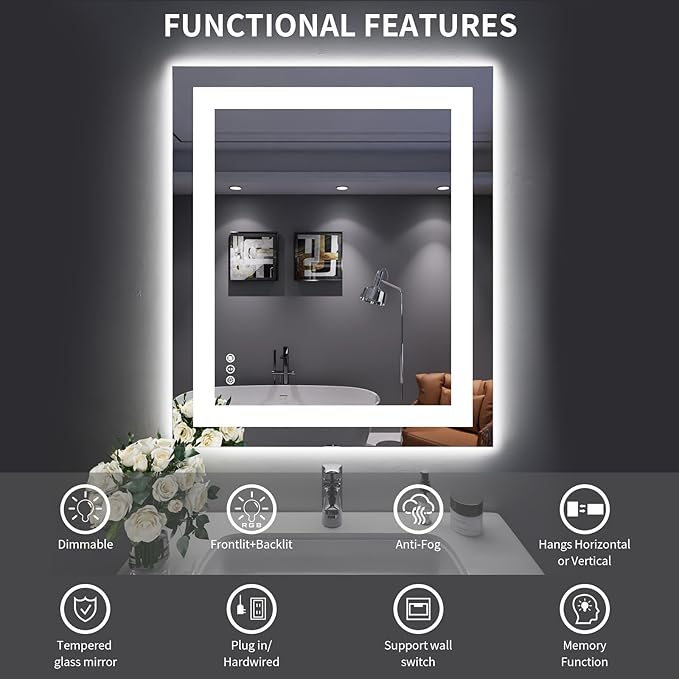 LOAAO 30X36 LED Bathroom Mirror with Lights, Anti-Fog, Dimmable, Backlit + Front Lit, Lighted Bathroom Vanity Mirror for Wall, Memory Function, Tempered Glass, Shatter-Proof, ETL Listed