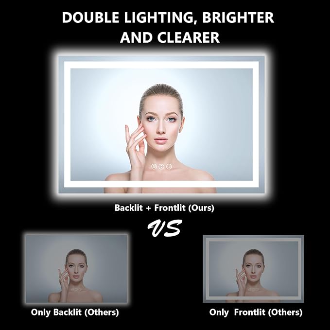 60x36 Inch LED Bathroom Mirror with Lights Front and Backlit Lighted Vanity Mirror for Bathroom Wall with 3 Colors Dimmable Anti-Fog Memory Shatter-Proof IP54 Waterproof Horizontal/Vertical