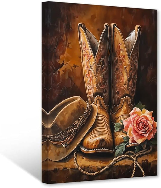 PBXBJY Western Canvas Wall Art Cowboy Boot Wall Decor Southwest Pictures Boot and Roses Print Rustic Farmhouse Bedroom Decor Framed (28.00" x 42.00")