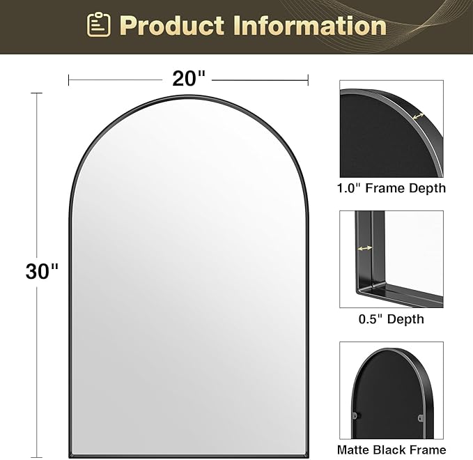 Brightify Arched Mirror, Arched Wall Mirror, 20 x 30 Inch Black Arch Mirror, Metal Frame Black Bathroom Mirror, Arched Top Bathroom Vanity Mirror for Living Room Bedroom Mantel Entryway Hallways
