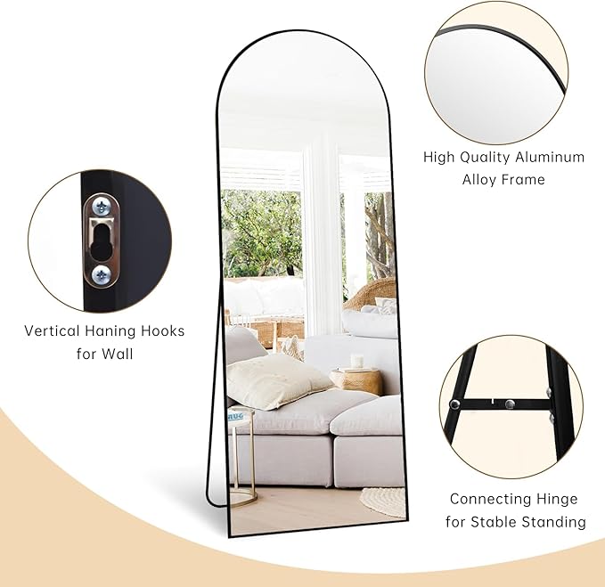 Arched Full Length Mirror, 57"X20" Large Floor Mirrors, Full Body Mirrors for Leaning or Hanging, Standing Mirror for Bedroom, Living Room,Dressing Room, Aluminum Alloy Frame, Black