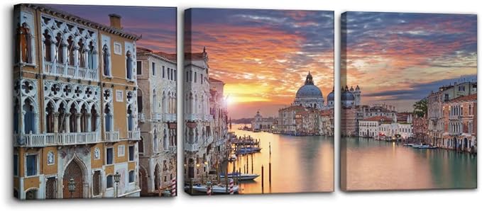 Pacimo 3 Piece Canvas Wall Art - Venice Framed Wall Art Decor Grand Canal in Venice Pictures Painting on Canvas Modern Art Home Decoration Stretched and Framed Ready to Hang - 12 x 16 inch x 3 Panels