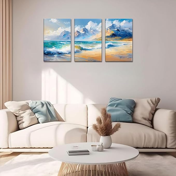 MAMAGO Large Modern Beach Wall Art 3 Pieces Blue Sea Canvas Print Poster Abstract Coastal Ocean Waves Painting for Bedroom Office Framed Wall Decor Ready to Hang-24”x36”x3pcs