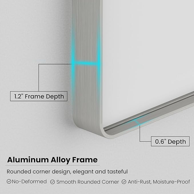 Brushed Nickel Bathroom Mirror 50x30 Inch, Brushed Silver Metal Frame Mirror Wall Mounted, Rounded Rectangle Bathroom Vanity Mirror, Tempered Glass, Anti-Rust, Horizontal/Vertical