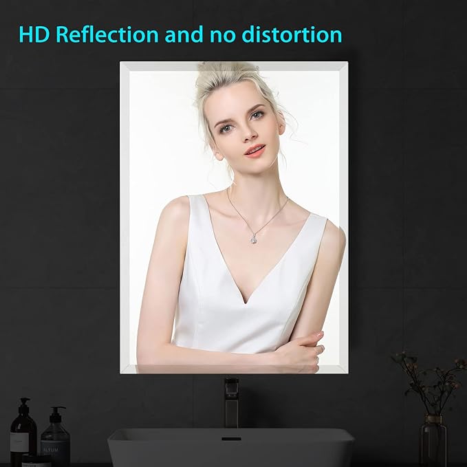 Beveled Edge Mirror 20x28 Inch Frameless Rectangle Bathroom Wall Mirror Explosion Proof and Shatterproof Bathroom Vanity Mirror Wall Mounted Hang Firmly (Horizontal or Vertical)