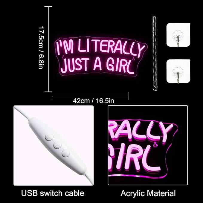 Lucunstar I'M Literally Just A Girl Neon Sign Pink Led Sign Led Neon Light for Wall Decor Light Up Sign for Bedroom Dimmable Switch USB Connectivity Neon Signs for Girlsroom Decor Party Light