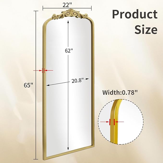 AIXI HOME Arched Gold Antique Full Length Mirror, 22"x65" Traditional Elegant Vintage Floor Body Mirror with Ornate Matel Frame, Baroque Inspired Home Decor for Bedroom/Living Room/Hallway