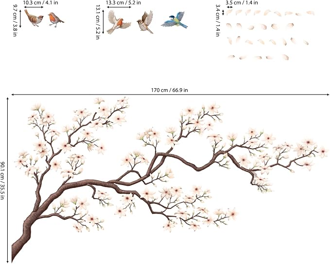 DECOWALL SG4-2213 Oriental Flower Tree Wall Stickers Decals White Cherry Blossom Peel and Stick Bedroom Living Room Flower murals décor Floral Bird Furniture Art Removable Nursery Baby Birch