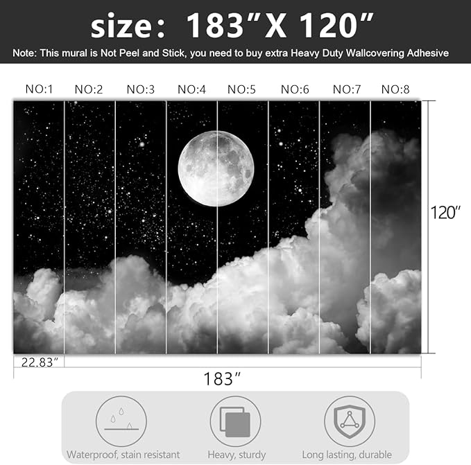 -Gray Galaxy Universe Moon Fabric Wallpaper Ceiling Starry Night White Clouds Living Room Bedroom Bathroom Boys and Girls Children's Room Large Mural- 183"x120"（ not Peel and Stick）