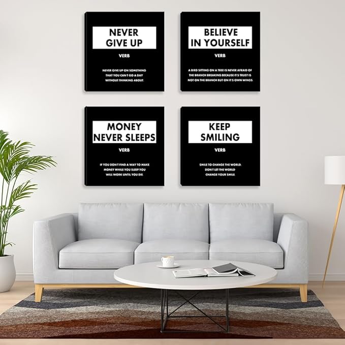 Motivational Framed Wall Art - Inspirational Office Quotes Wall Decor for Living Room Bedroom Black White Canvas Wall Art Wall Painting Picture Posters Artwork - 12"x12"x4PCS