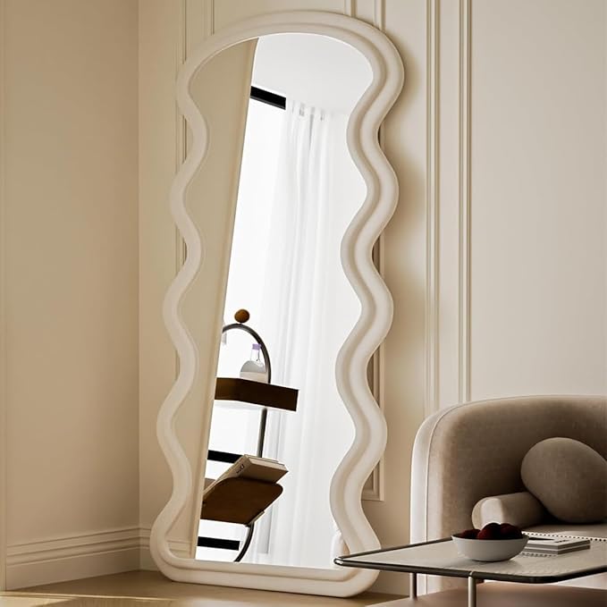 Koonmi 71"x32" Irregular Mirror Full Length, Large Full Body Freely Standing Mirror, Flannel Wave Floor Mirror with Stand for Bedroom, Living Room, Hanging or Against The Wall, White