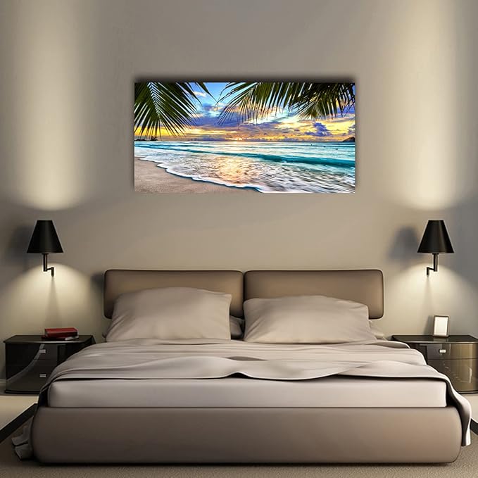 Beach Canvas Wall Art Seascape Theme Pictures Home Decor Blue Ocean White Wave Palm Tree Prints Paintings for Living Room Bathroom Bedroom Kitchen Office Decoration Natural Scenery Artwork 24x48inches