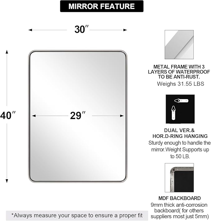 ANDY STAR 40”X30” Chrome Bathroom Mirror, Polished Chrome Bathroom Vanity Mirror, Rounded Rectangle Mirrors for Wall, SUS304 Anti-Rust Tube Metal Frame, Wall Mounted Horizontal/Vertical 1’’ Deep
