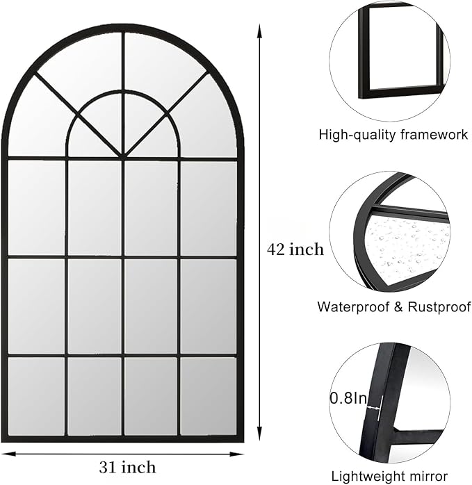 Arch Wall Mirror Mounted Decorative, 31"x42", Arched Window Pane Mirror for Wall-Mounted for Entryway, Bathroom Vanity, Living Room or Bedroom, Iron Frame, Black