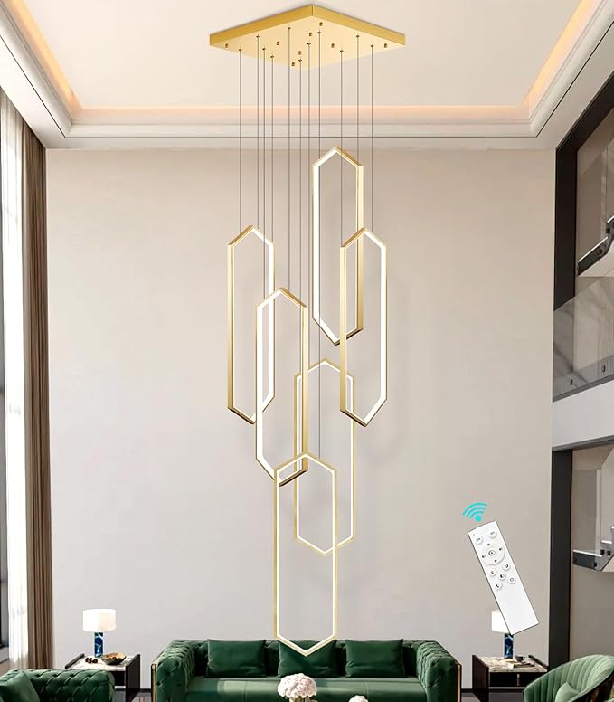 6-Rings Chandelier Modern, Gold Contemporary LED Light for Living Room Entrance, Dimmable Flush Mount High Ceiling Chandeliers with Remote Control for Villa Foyer