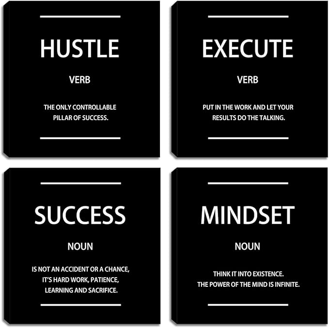 Motivational Hustle Wall Art Inspirational Mindset Canvas Poster Print Inspiring Entrepreneur Quotes Success Execute Office Wall Decor Black Set of 4 Picture Painting Framed Artwork for Living Room
