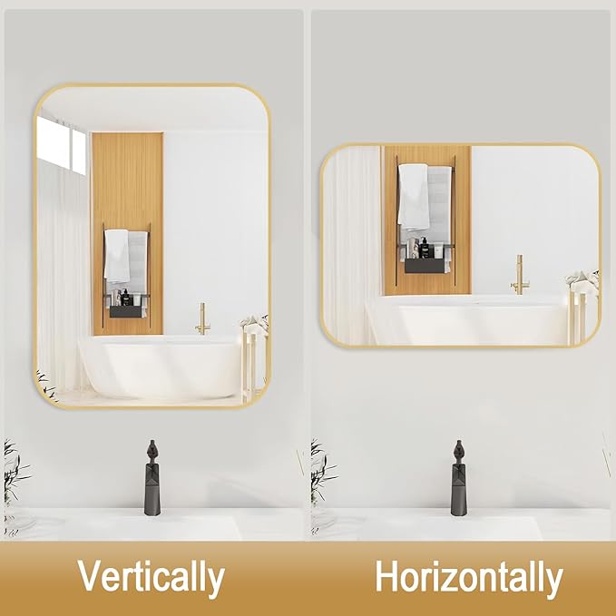24x36 Inch Gold Bathroom Mirror, Brushed Gold Metal Framed Rectangular Mirror with Rounded Corner, Wall Mounted Vanity Mirror for Bedroom or Living Room, Horizontal/Vertical