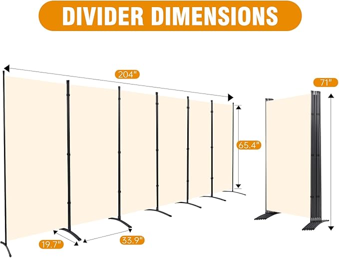 6 Panel Folding Privacy Screens, 6 FT Tall Wall Divider with Metal Frame, Freestanding Room Divider for Office Bedroom Study (6 Panel, Beige)