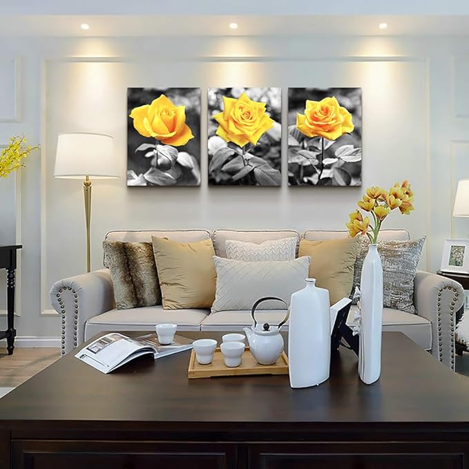 Canvas Wall Art For Bedroom Living Room Wall Decor For Kitchen Office Wall Pictures Artwork Black And White Yellow Rose Flowers Paintings 20" X 28" 3 Pieces Framed Modern Bathroom Home Decor