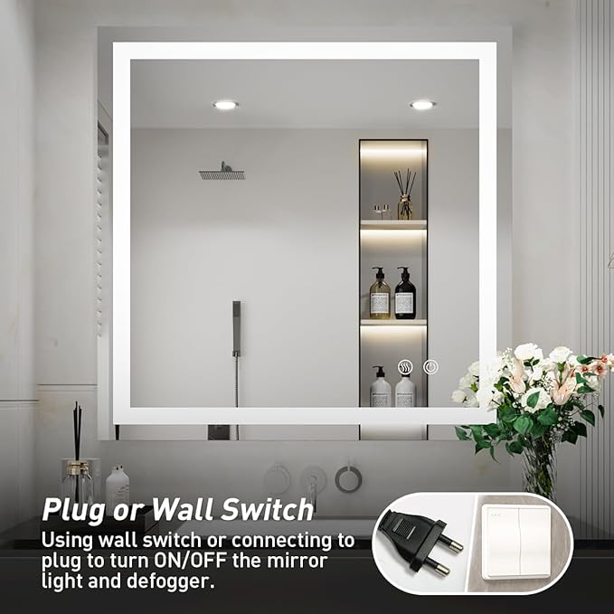 36X36 Inch LED Bathroom Mirror,Vanity Wall Mounted Anti-Fog Mirror,Dimmable Lighted Bathroom Mirror with Lights,Smart Touch Button+Memory Function+CRI90+High Lumen