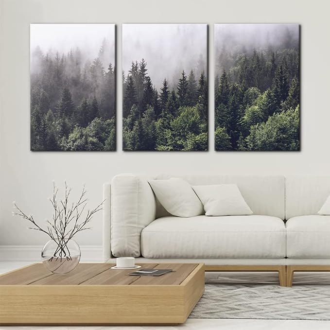 Pacimo Canvas Wall Art Fog Over Pine Tree Forest Nature Wilderness Photography Modern Art Rustic Landscape Relax/Calm Cool for Wall Decor Giclee Artwork Stretch Framed Ready to Hang - 16"x24"x3