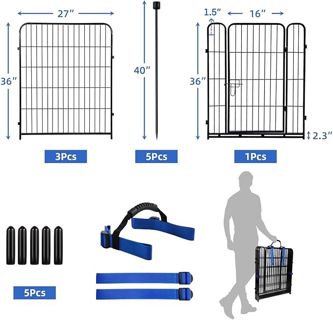 ADAVIN Tall Garden Fence with Gate, 36 in(H) 4 Panels Heavy Duty Iron Metal Animal Barrier Fence, Fence Blocker for Dogs, Portable Temporary Fencing. Total 9 Ft(L). Black