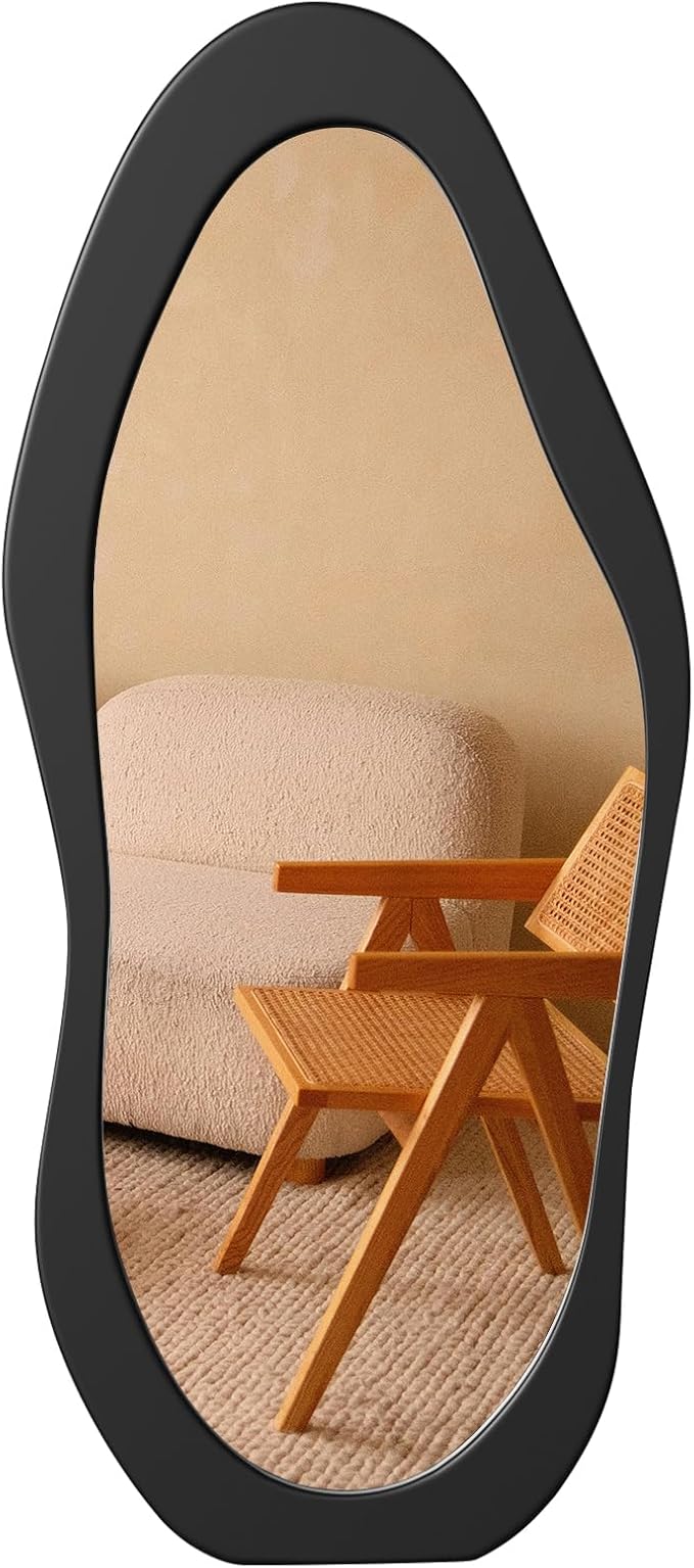 67" x 30" Irregular Wavy Full Body Mirror - Wooden Framed, Hanging/Leaning Wall Mounted for Cloakroom/Bedroom/Living Room