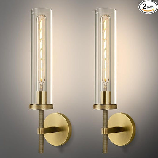 Brass Wall Sconces Set of Two, 19.48" Modern Wall Lighting with Clear Glass Tube, Bathroom Vanity Lights, Bronze Sconces Wall Lights for Bedroom, Living Room, Hallway, Staircase (Including Bulb)