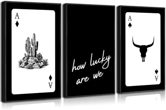 3Pcs Black and White Western Wall Art Country Southwest Canvas Poster Vintage Poker Ace Picture Cactus Bull Skull and How Lucky We Are Painting for Bedroom Living Room 16x24in Unframed