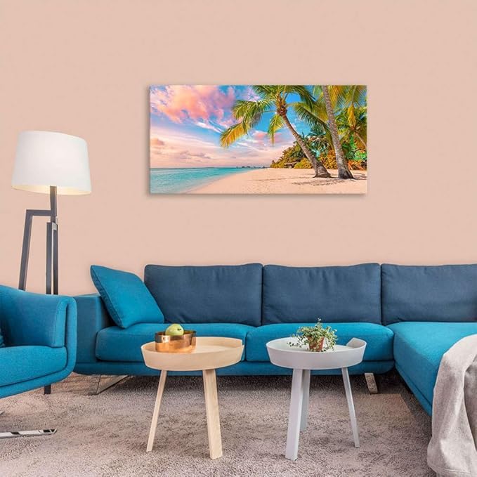Canvas Wall Art for Bedroom Tropical Palm Tree Wall Art Summer Canvas Ocean Waves Coconut Trees Beach Sunrise Seascape Scenery Painting Nature Picture for Living Room Bathroom Home Office Wall Decor