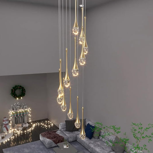 12-Lights Staircase Chandelier Gold Pendant Light Fixture for Sloped High Ceiling Raindrop Chandelier for Living Room Foyer Hallway Villa