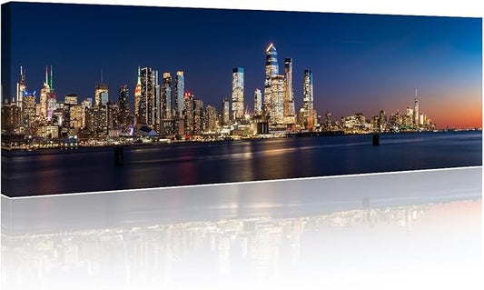 Black and White Wall Art View Across Hudson River of Skyscrapers of New York City Pictures Cityscape Paintings Canvas Artwork Urban Buildings Posters Prints Modern Decor Ready to Hang 12x46 Inch