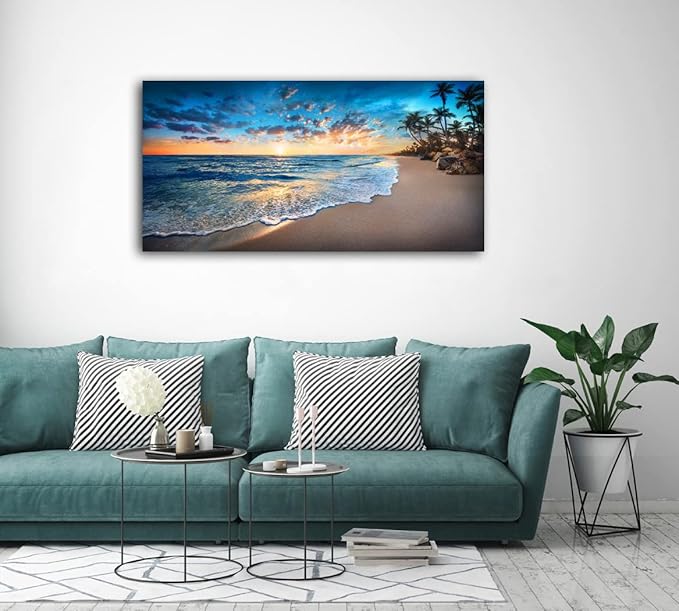 Jiuqinghua Canvas Prints Wall Art Blue Beach Ocean Landscape Paintings 1 panel Sunset Sea Waves Wall Decor Pictures Stretched and Framed for Living Room Bedroom and Office Decor Artwork 30x60inch