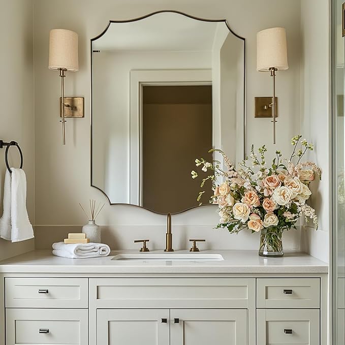 ANDY STAR 30"x40" Brushed Gold Bathroom Mirror, Large Rectangle Scalloped Mirror, Antique Brass Mirror in Rust-Proof Stainless Steel 1" Frame, Unique Wavy Design, Ideal for Home Remodel